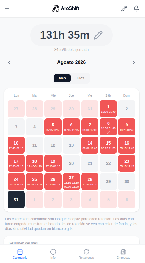 Calendario de turnos rotativos en AroShift